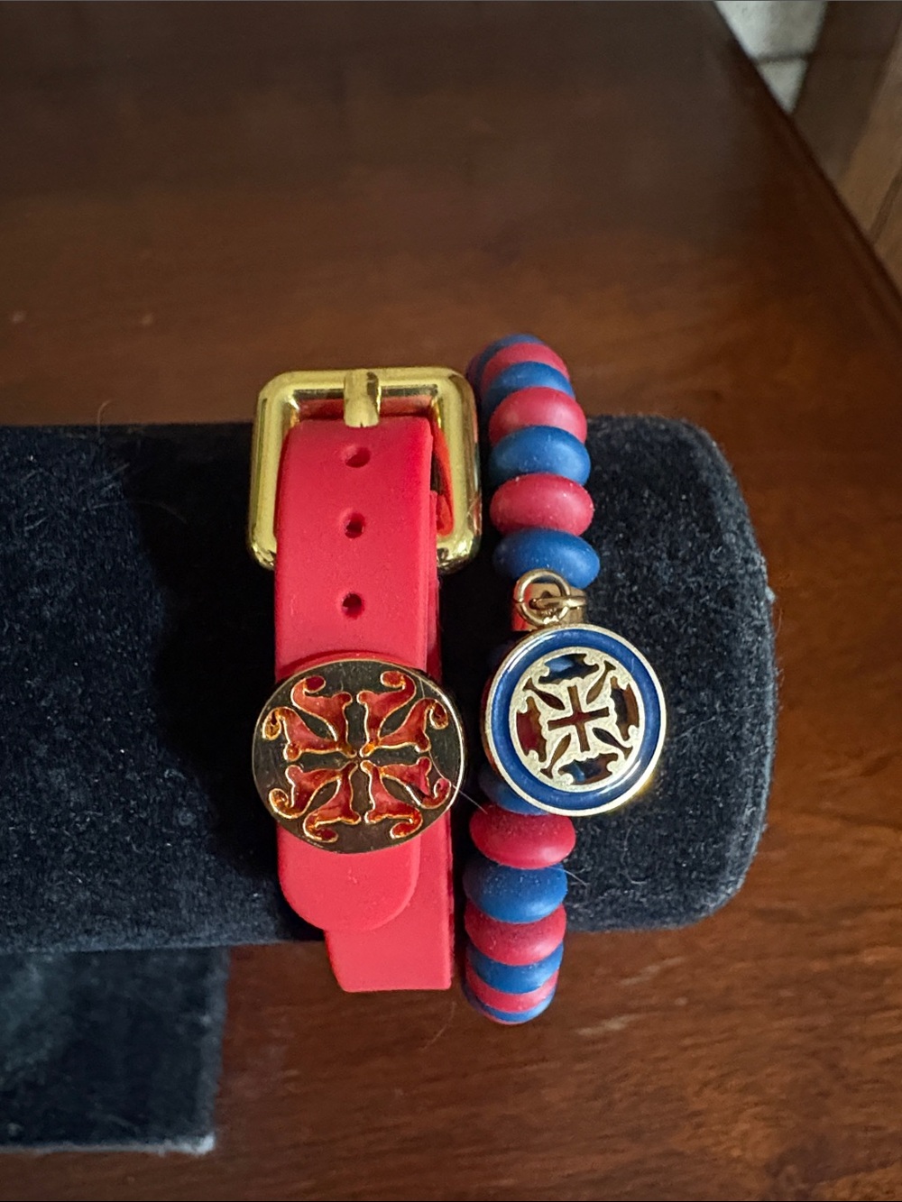 Rustic Cuff Red Bead and Silicone Bracelet Set with Gold Emblem